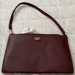 Michael Kors Maroon Leather Shoulder Clutch with Gold MK Logo